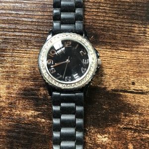 Black watch with silver numbers, silver rhinestone details